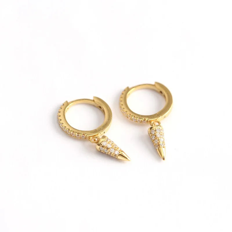 Trends Pure Sterling Silver Circular Cone Shaped Drop Charm Cubic Zirconia Paved Small Hoop Huggie Diamond Spike Earrings