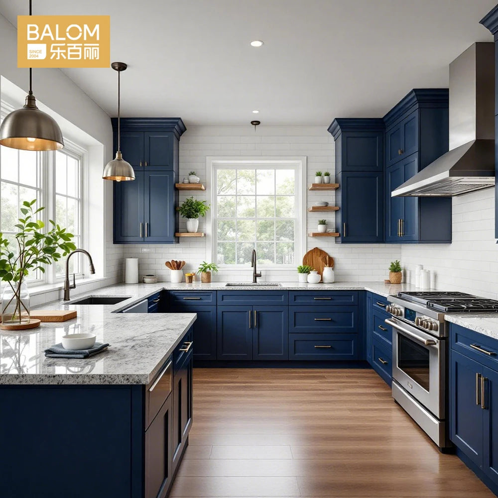 BALOM Modern Farmhouse Navy Blue Shaker Luxury Custom Plywood Modular RTA Home Furniture Kitchen Cabinets with Island Set