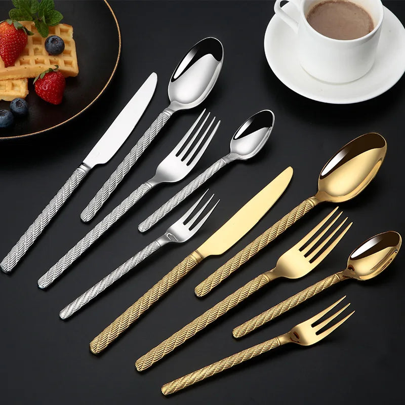 Creative Twist Handle 304 Stainless Steel Gold Cutlery Set Luxury Mirror Silverware Cutlery Set