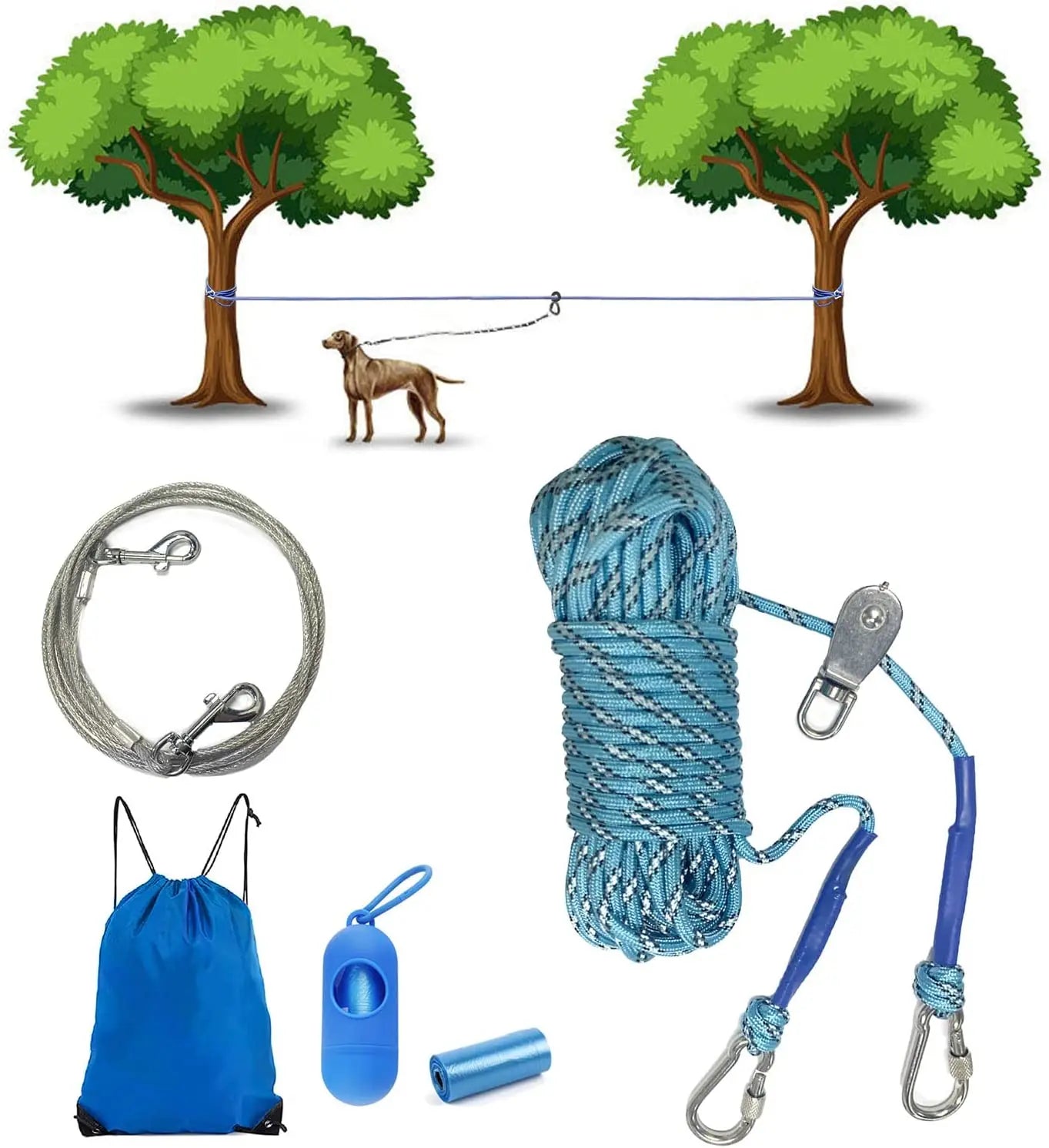 30ft 50ft Nylon Dog Tie Out Camping Cable Gear Portable Reflective Overhead Trolley System Camping Dog Training Long Leash Scarf