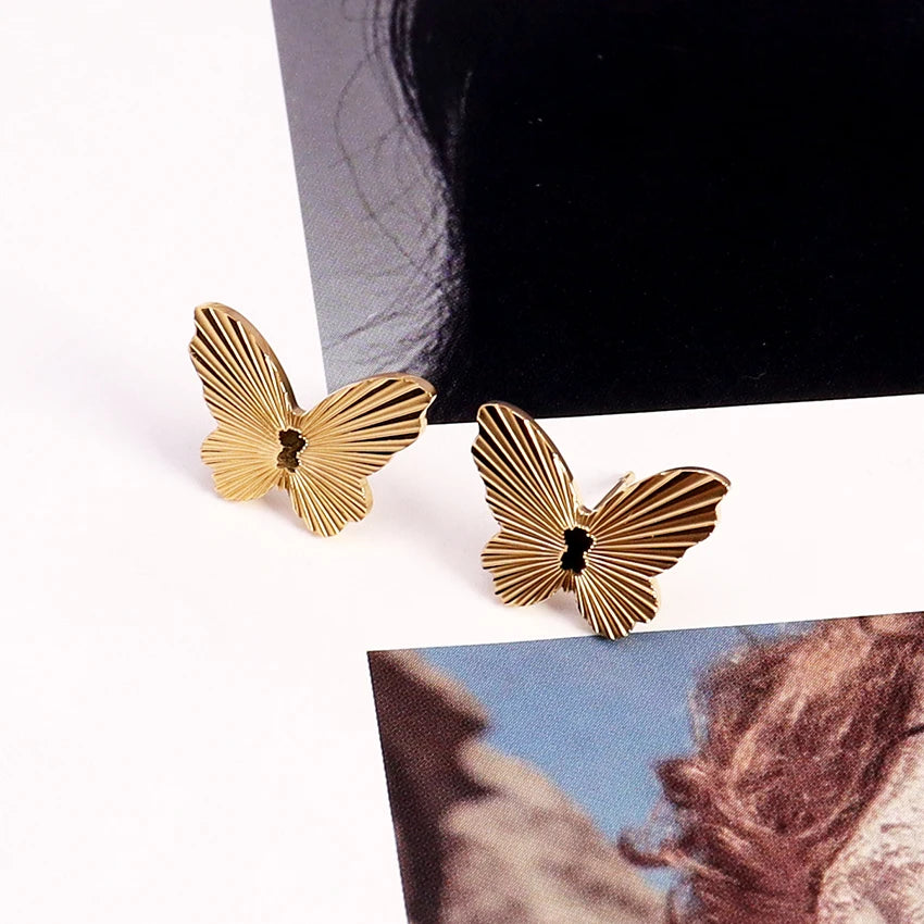 Minos Stainless Steel Butterfly Earrings Hypoallergenic Jewelry 18K Gold Plated Butterfly Ear Stud Earrings for Women