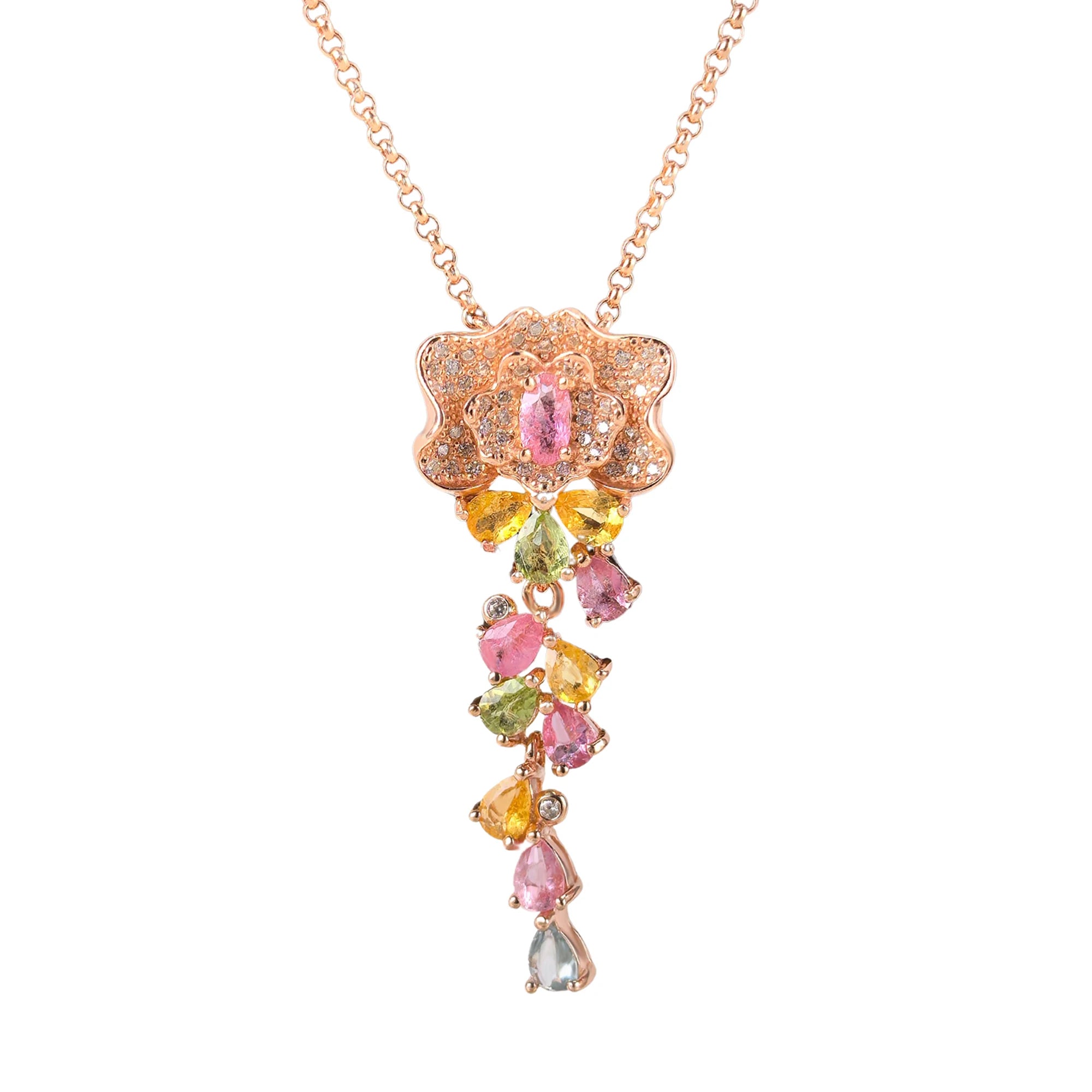 Graceful Rose Gold Plated 925 Silver Jewelry Natural Tourmaline Flower Necklace for Women Fine Pendant Necklaces