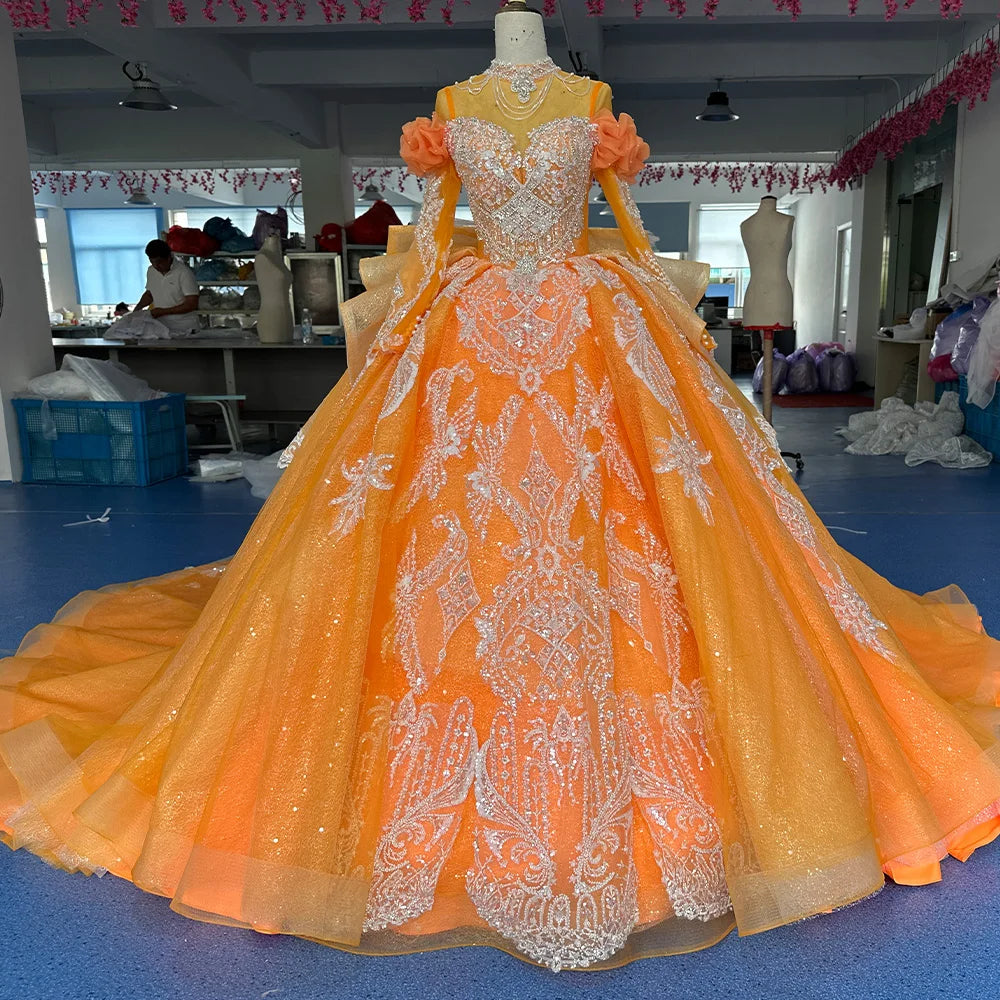 Jancember XS096 Chic Orange Long Sleeve Sequins Ball Gown Evening Party Dresses