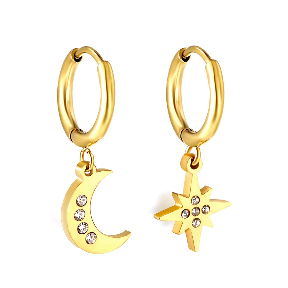 Fashion 316 Stainless Steel Earring Cz Dangle Gold Plated Earings Ins Cute Minimalist Moon and Star Hoop Huggies Earring Jewelry