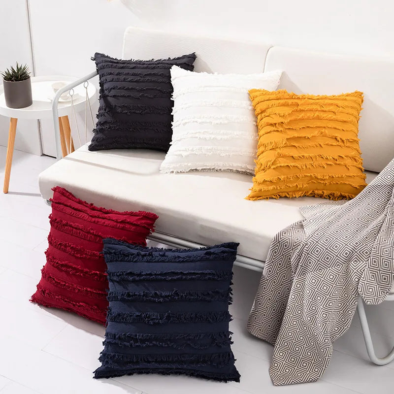 Wholesale 18x18inches Moroccan Cotton Solid/Striped Woven Tufted Cushion Pillow Cover Tassels Customizable Invisible Zipper