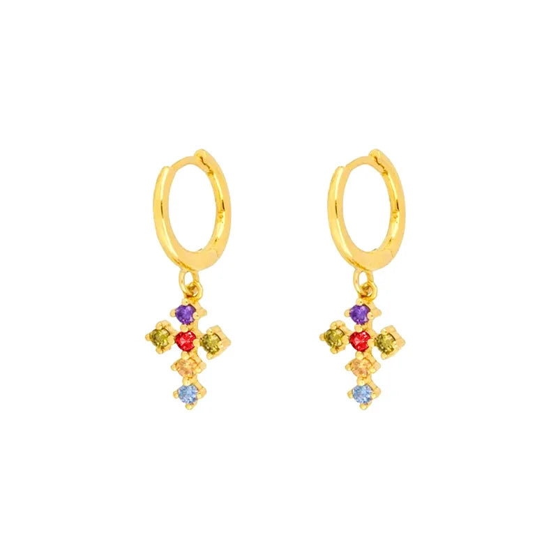 French Style Rainbow Zircon Brass Drop Earring Copper Huggie Cross Pendant Earrings 2023