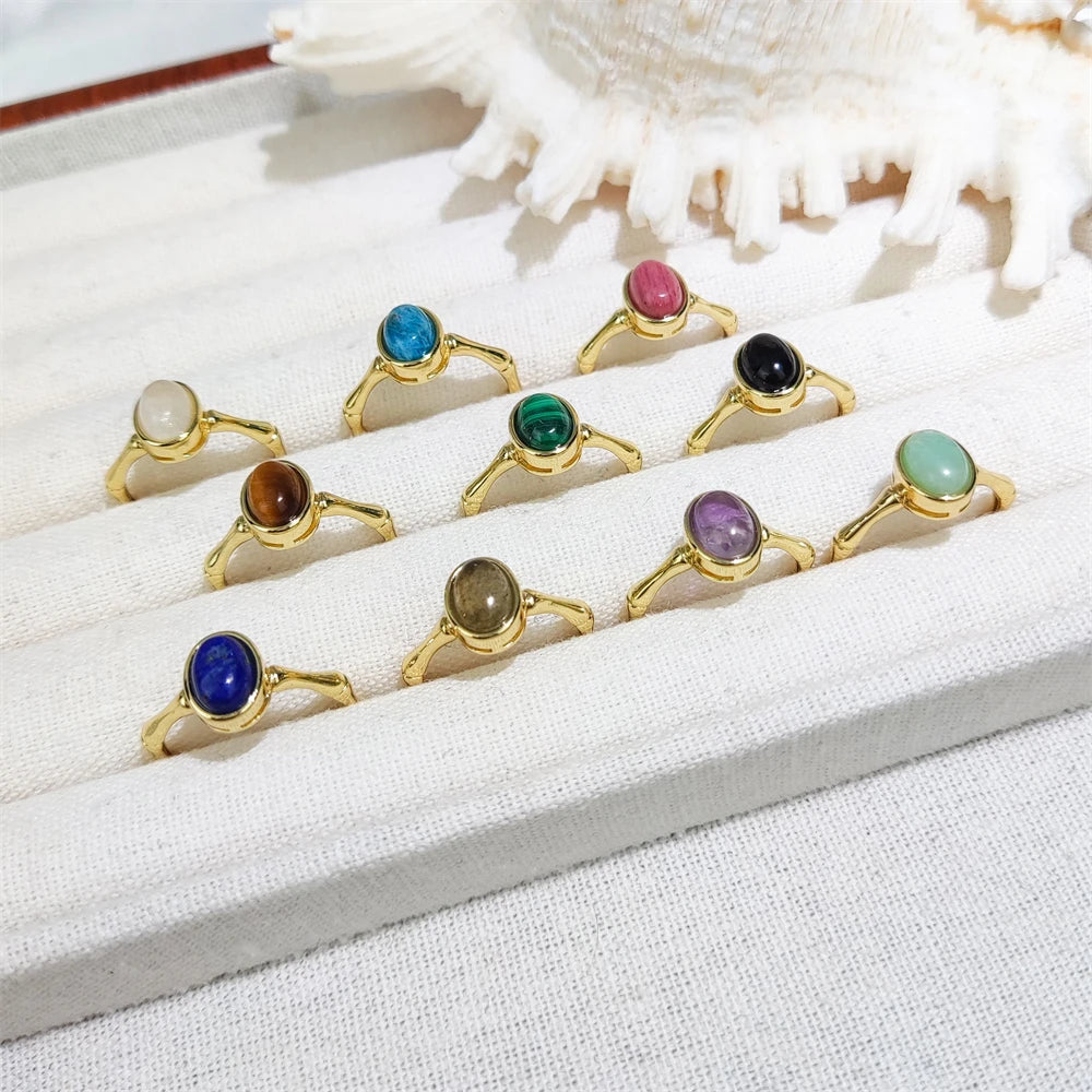 Hot Sale 18k Gold Plated Malachite Lapis Lazuli Oval Gemstone Ring Fashion Women Jewelry Amazonite Rhodonite Crystal Finger Ring