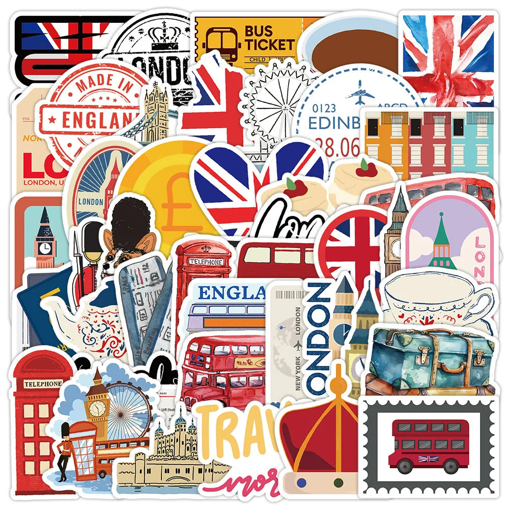 50 Pcs London Series PVC Self Adhesive Stickers for Laptop Phone Case Suitcase Skateboard Guitar Table and Books