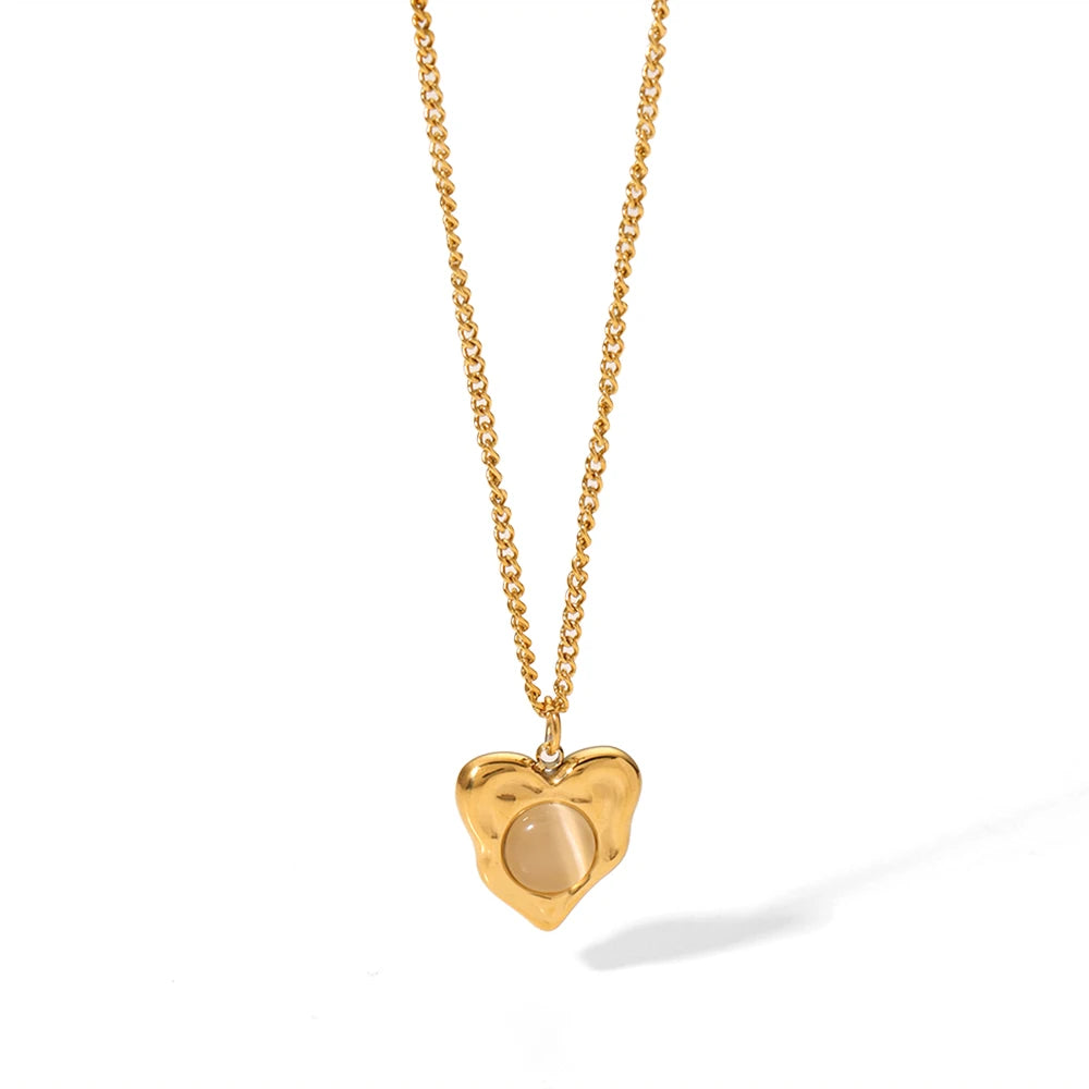 High-End Temperament Retro Light Luxury Stainless Steel Heart-Shaped Inlaid Opal Anniversary Pendant Necklace 18K Gold Plated
