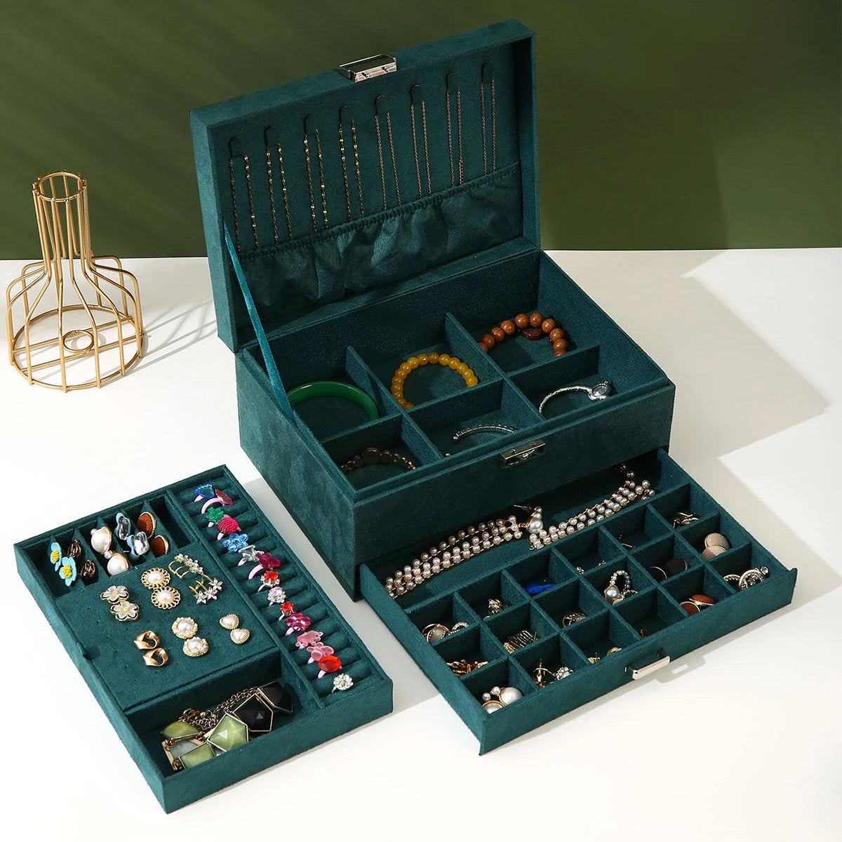 Dark Green Velvet Large Capacity Jewelry Packaging Luxury Versatile Bracelet Necklace Desktop Storage Suede Jewelry Box
