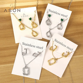 Ason New Fashion Jewelry Sets Women Gold Green Heart Zirconia Jewelry Stainless Steel Wedding Necklaces and Earrings Jewelry Set