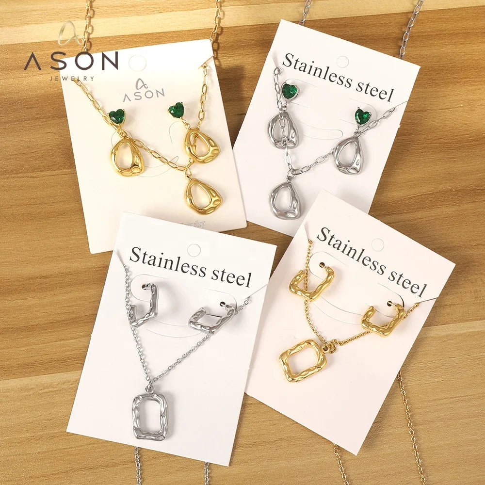 Ason New Fashion Jewelry Sets Women Gold Green Heart Zirconia Jewelry Stainless Steel Wedding Necklaces and Earrings Jewelry Set