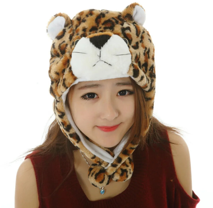 100% Polyester Leopard Plush Animal Winter Ski Hat Beanie Short Cute Unisex Kids Hood With Pom Poms