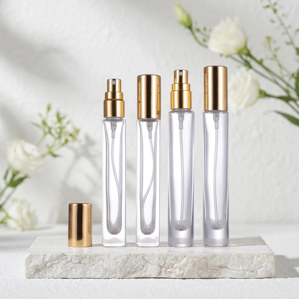 Luxury 10ml Clear Thick Glass Perfume Spray Bottle Long Tall Square Shape Gold/Silver/Black Sprayer Elegant Glass Bottle