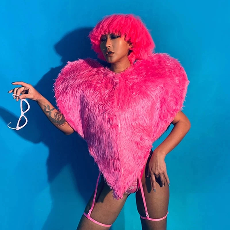 WOMEN Gogo  Costume Pink Plush Coat Bikini Suit Nightclub Dj Singer Dancer Performance Stage Clothing Rave Outfit