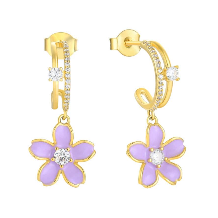 YILUN Gold Plated Lavender Flower Drop Earrings 925 Sterling Silver Vermeil Purple Enamel Flower Earrings