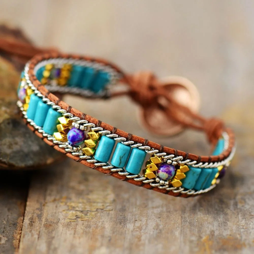 2026 Summer Trendy Bohemian Beaded Bracelet for Women Turquoise Howlite Stone Leather Accessories with Gold Plating