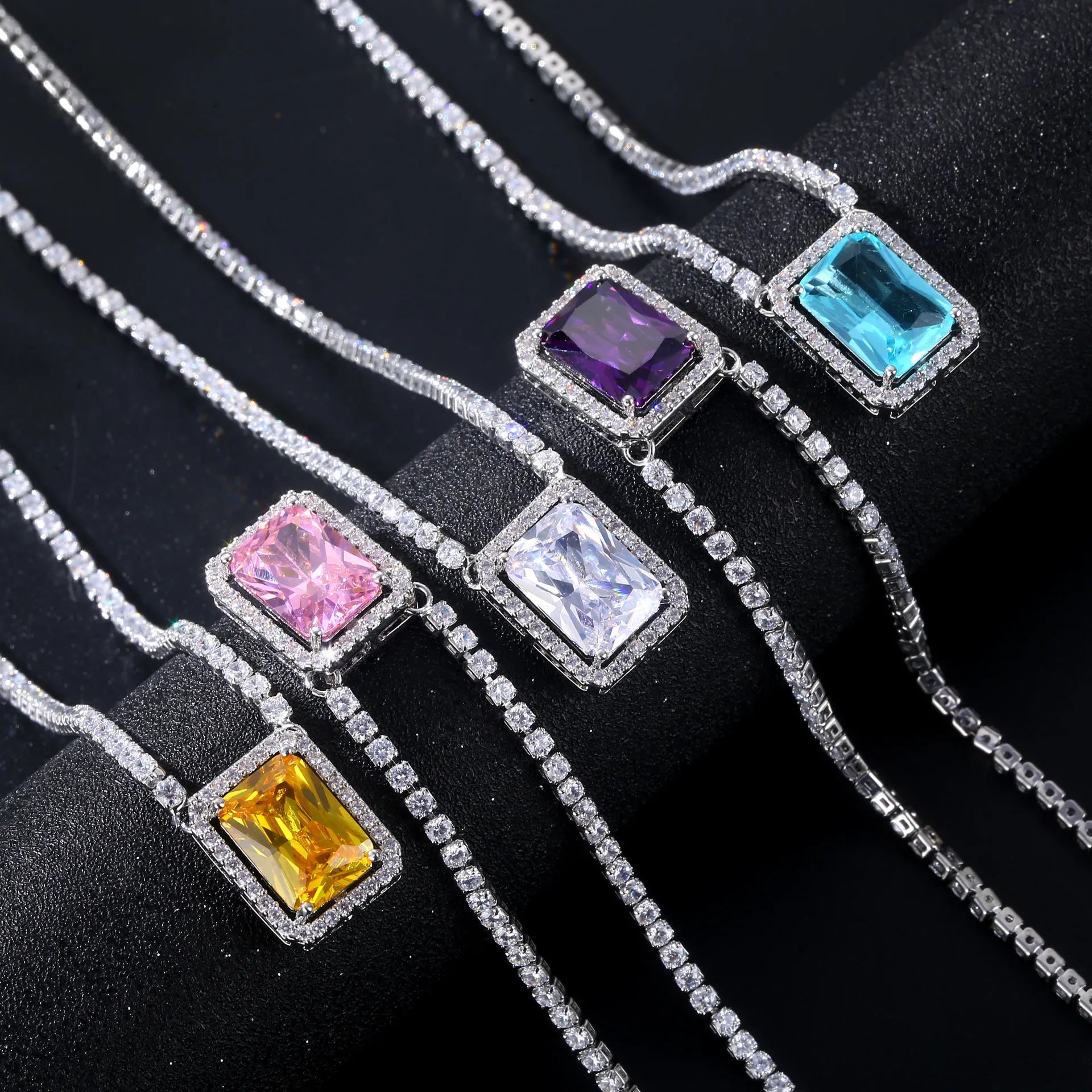 Square Gemstone Pendant Necklace Shiny Diamond Crystal Women Necklaces Luxury Tennis Rhinestone Necklace Jewelry