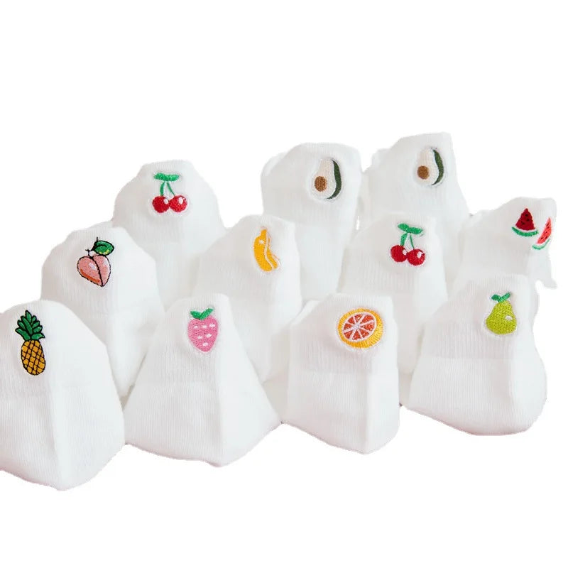 100% Cotton Ankle-Length Boat Socks for Girls Embroidered Fruit Design Breathable Knitted Shallow Mouth Student Socks for Spring