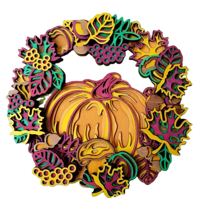 Autumn Decor  Wreath Sign Wooden  Custom Laser Cut 3D Mandala Fall Wreath Wood Laser Cut with Pumpkin Leaves