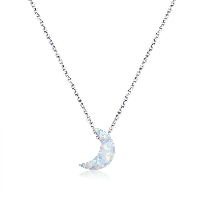 Wholesale Simple White Opal Moon Fire 925 Silver Pendant Necklace for Wedding Engagement Gift