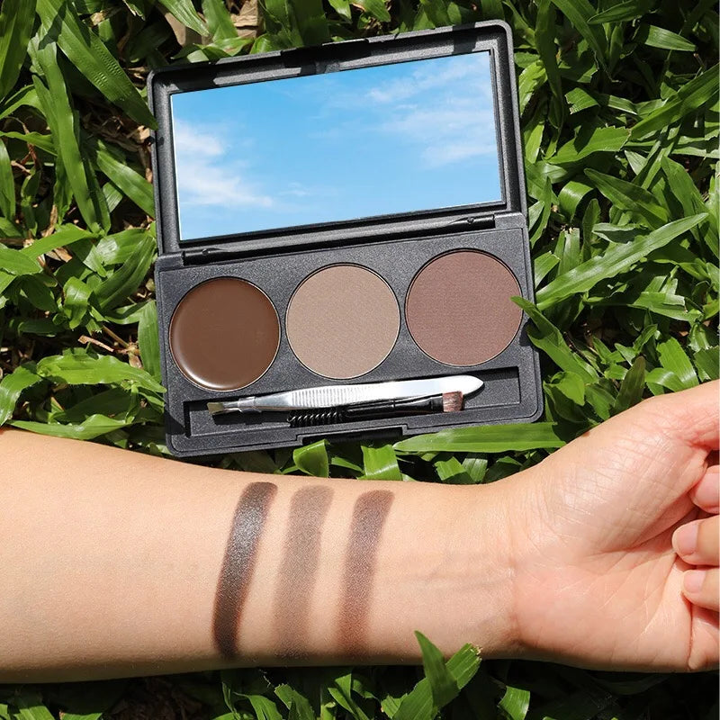 3 Colour Mineral Pressed Eye Brow Powder Waterproof Long Lasting Natural Cosmetic Eyebrow Powder with Brush and Tweezers Kit