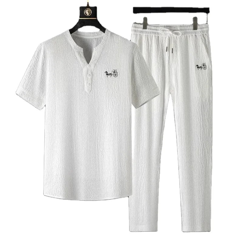 M-4XL Men's Leisure Sets Sports Set for Men Loose Lapel Short Sleeve T-shirt and Pants Sets Student Leisure Drawstring Trousers