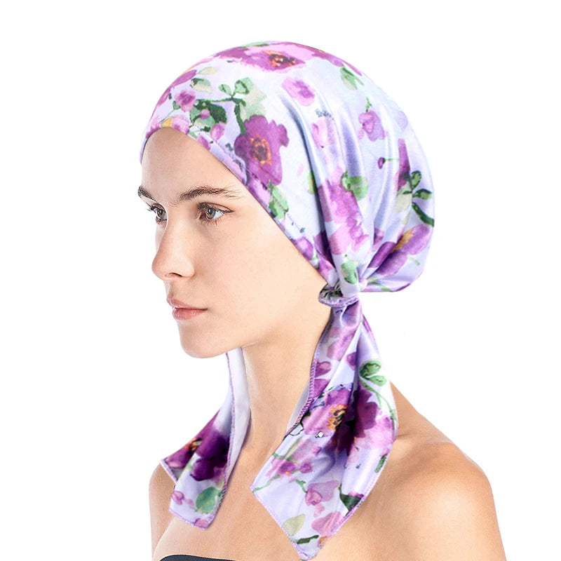 Wholesale Custom Head Scarf Pre-Tied Head Scarves Beanie Covers Cap Stretch Print Sleep Turban Hat Ruffle Beanie Scarf for Women
