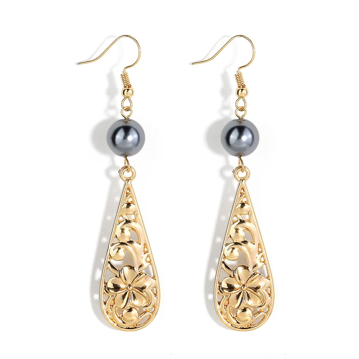 Ready Stock Hawaiian Jewelry Tear Drop Tropical Flower Pendant Black Pearl Necklace and Earring Set MegaBDM