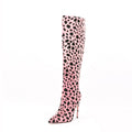 Women's New Style Pink Animal Print Faux Leopard Knee High Boots Horsehair High Heels with Zip Closure for Autumn Winter Spring