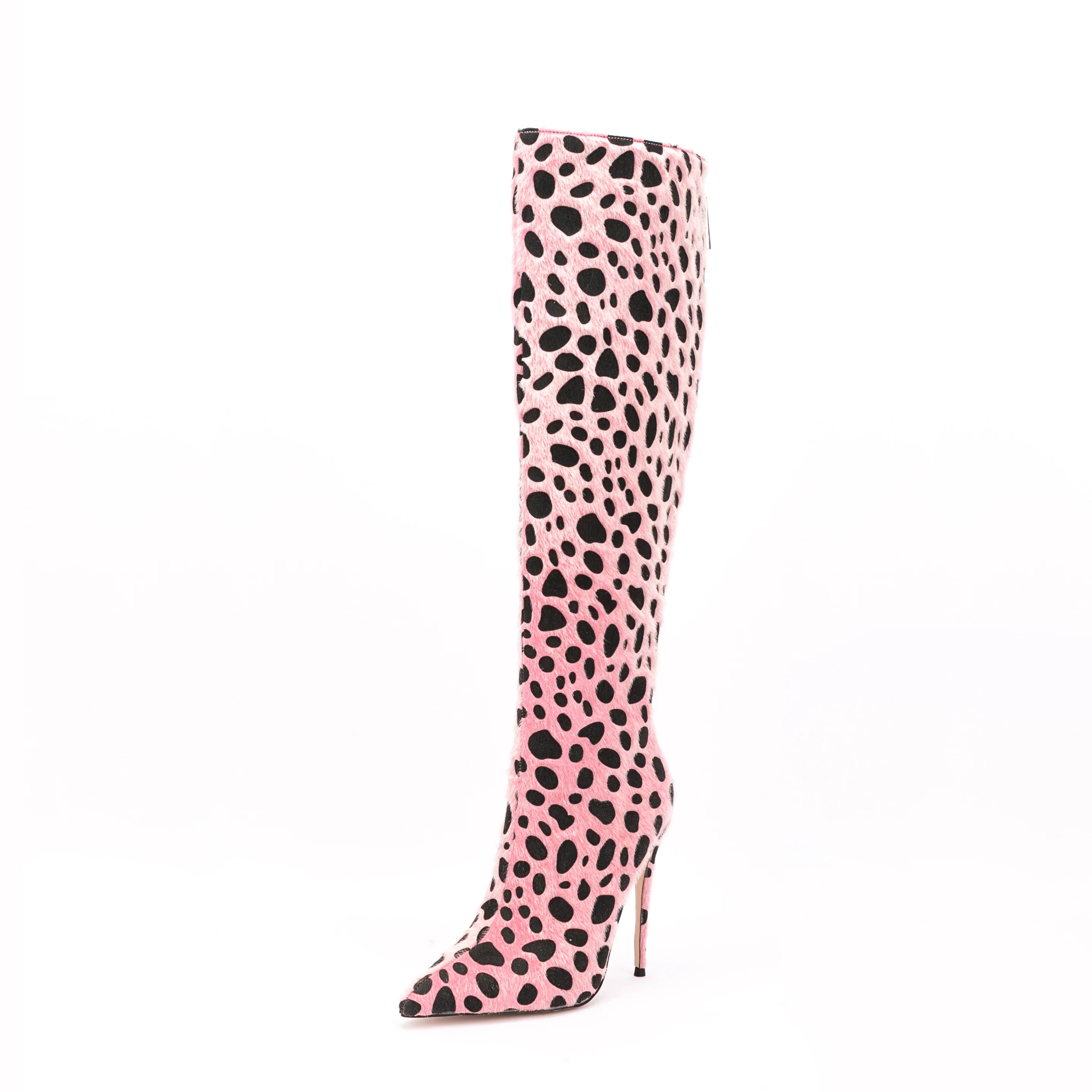 Women's New Style Pink Animal Print Faux Leopard Knee High Boots Horsehair High Heels with Zip Closure for Autumn Winter Spring