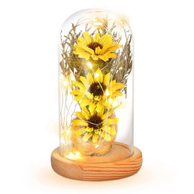 Handmade Artificial Preserved Sunflower Flowers in Glass Dome for Decorations with Led Lights Suhappy Mother's Day
