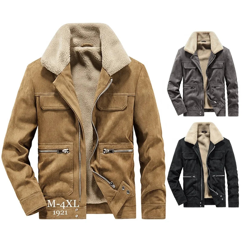 Men's Winter Motorcycle Jacket Suede Turn-down Collar Sherpa Lined Faux Fur Cargo Outwear Pockets Windproof Breathable