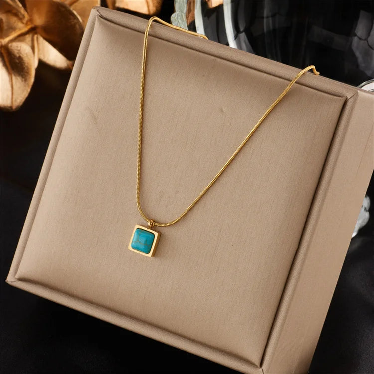 Wholesale Fashion Jewelry Retro Stainless Steel Simple Thread Chain Block Turquoise Pendant Necklace