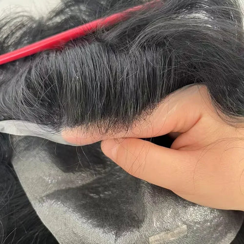 0.02-0.04 All V-Loop Natural Hairline Thin Skin Men's Wig 100% Density Prosthesis Toupee with Virgin Indian Hair PU Base