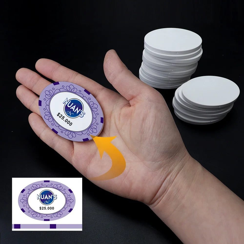 Professional Custom Designs Oval White Ceramic Poker Chips 68mm 31g Blank Poker Chips  Casino Quality for Entertainment Games