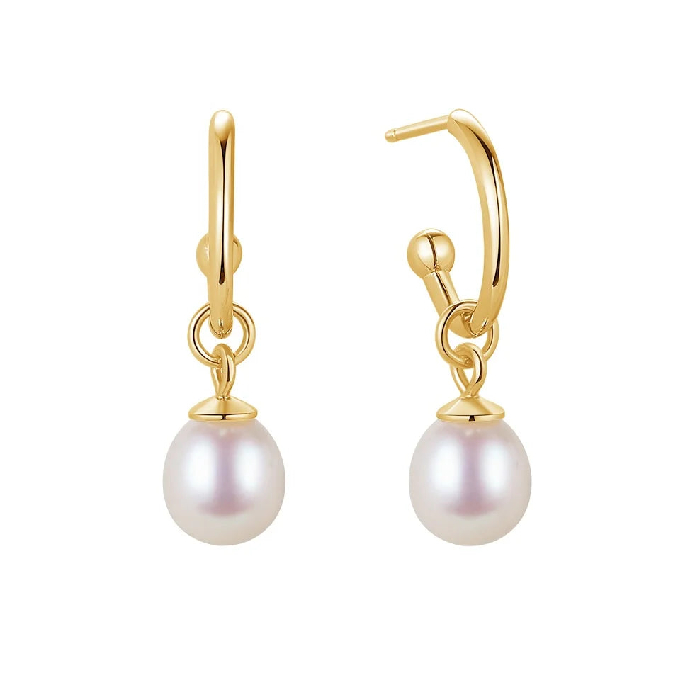 Nagosa Elegant Women Jewelry 925 Sterling Silver 18k Gold Vermeil Round Freshwater Pearl Drop Hoop Earrings