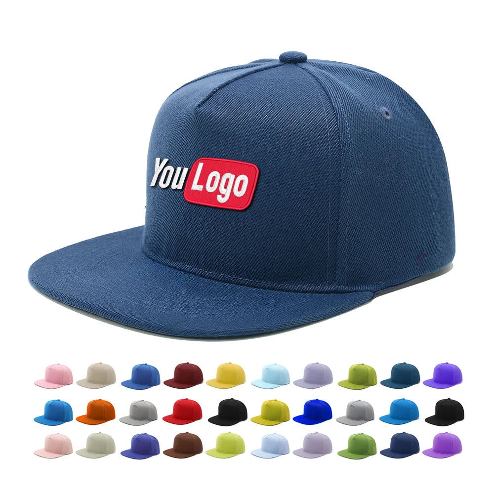 Custom Solid Color Hip Hop Flat Bill Brim Snapback Caps Embroidery Logo 5 Panel Unisex Wholesale Cotton Baseball Hats