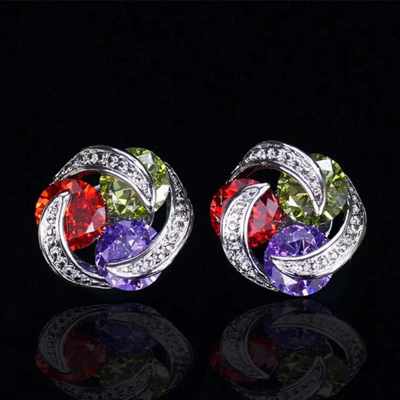 Huitan AAA Cubic Zirconia Stud Earrings Women Round Crystal Girl Ear Studs Multicolor Fashion Jewelry