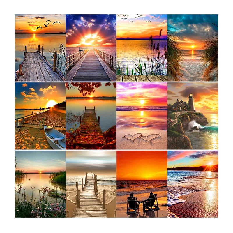LS Custom DIY 5D Diamond Embroidery Printed Landscape Sunset Ocean Beach Wall Art for Adults Adults Wall Painting Arts