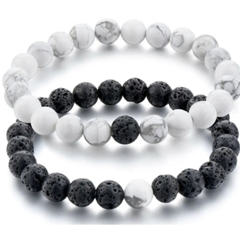 Two Tone Tiger Eye Stone Bracelet Men Women Black White Natural Stone Beads Stainless Steel Bangles Great Friends Couples' Wear