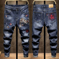 Wholesale High-end Embroidered Jeans Men's Trendy Brand Slim Pants Stretch Personality Blue Chinese Style Denim Jeans