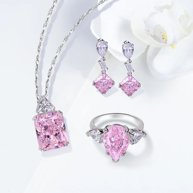 Hot Sale Pear pink Cz Ring Silver S925  Fancy Drop Earrings Amerian Cubic Zirconia Jewelry Set with Good Price