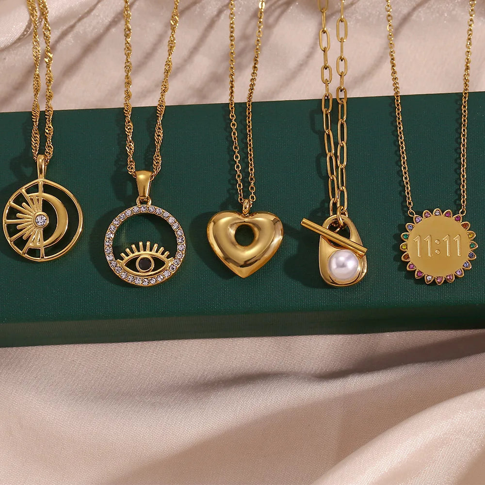 Wholesale Retail 18K Gold Plated Pretty Different Style Stainless Steel Pearl Zircon Stone Shell Pendant Necklaces Jewelry
