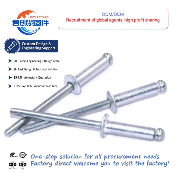 Junchuang Grade 4.8 Zinc Plated Open Type Blind Pop Rivets Aluminium/Carbon Steel/Stainless Steel Auto Building Fasteners