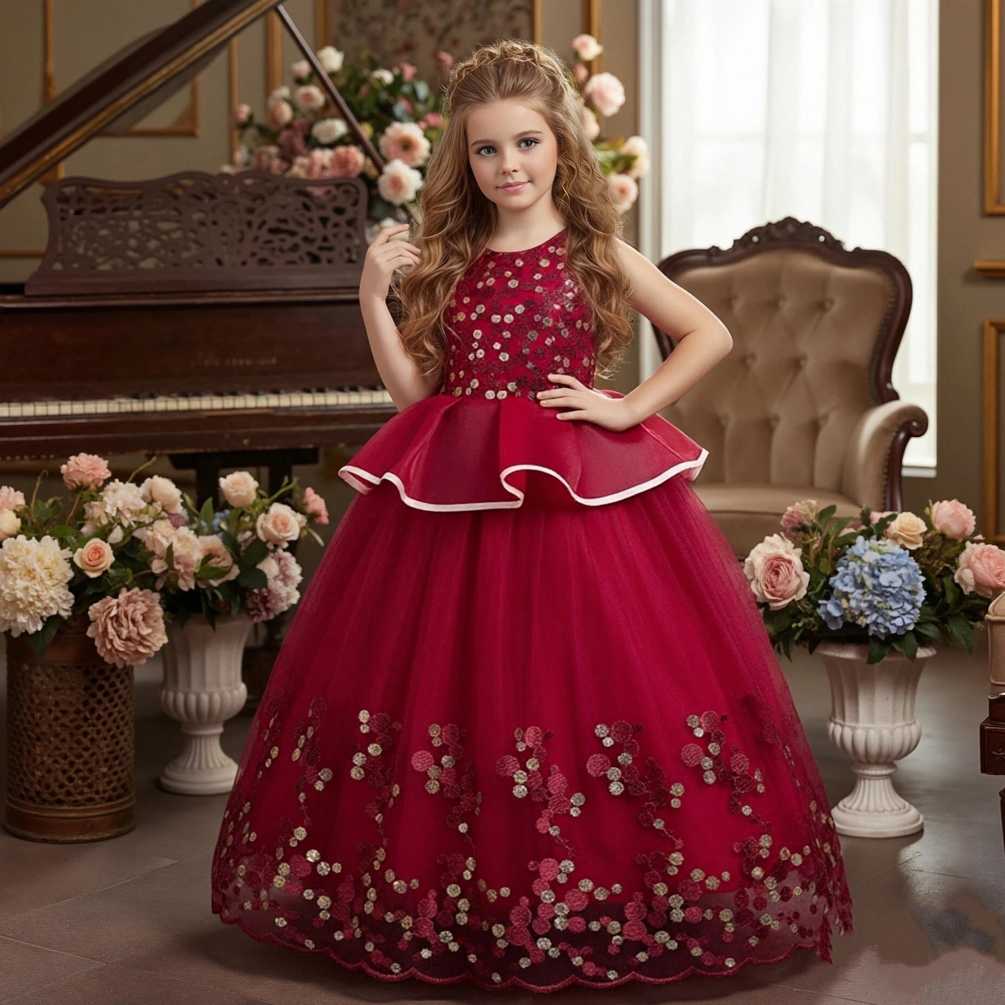 European Style Fluffy Summer Dresses for Girls of 10 Year Old Golden Beading Girl Party Dresses Rose Flower Girl Wedding Gown