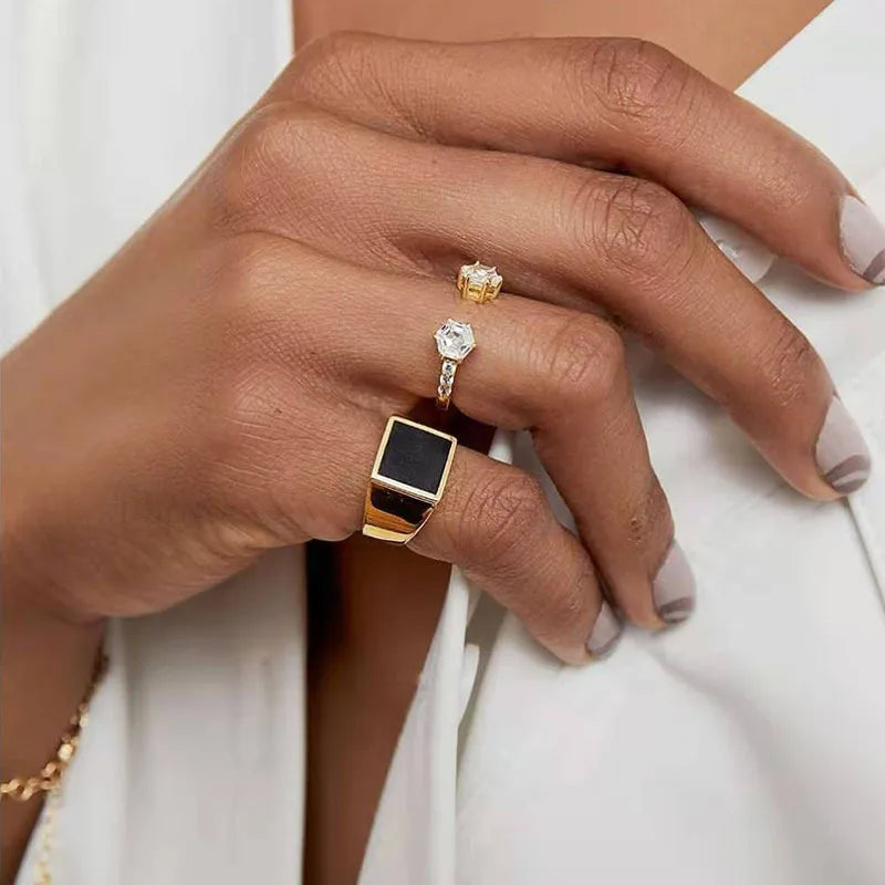 Fenny 18K Gold Plated Wholesale Personality Geometric Drop Glue Black Stainless Steel Finger Ring Trendy for Women