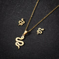 Creative New Curved Snake Pendant Necklace 18K Gold Plated Stainless Steel Animal Stud Earring 2 Pieces Jewelry Set