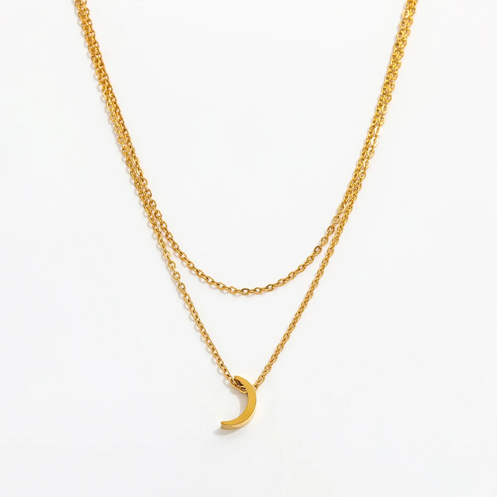Joolim Jewelry 18K Gold Plated Moon Pendant Double-layer Choker Necklace Stainless Steel Jewelry Wholesale