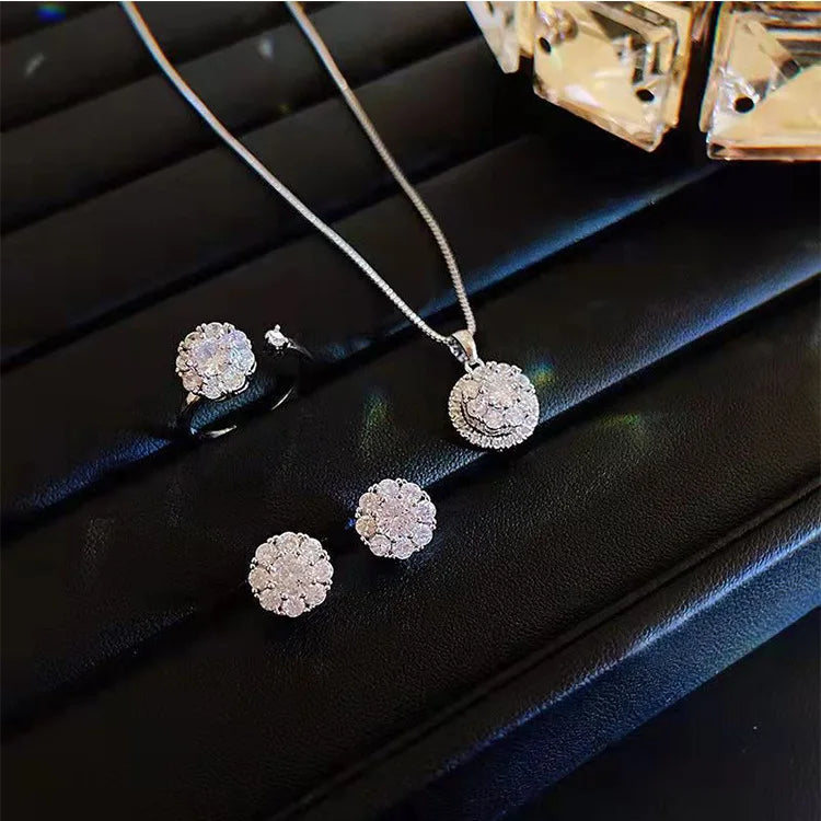 Trendy 3Pcs/Set Round Cubic Zircon CZ Stud Earrings Bling Rotatable Iced Out Geometric Pendant Necklace Jewelry Set for Women